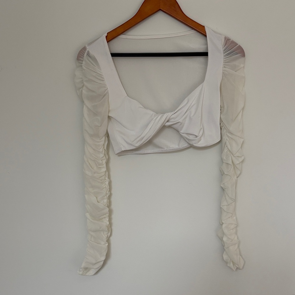 Chic White Ruched Long Sleeve Top